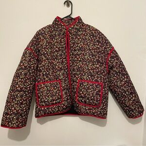 Cherry Floral Quilted Puffer Jacket with Red Accents Womens Size Medium